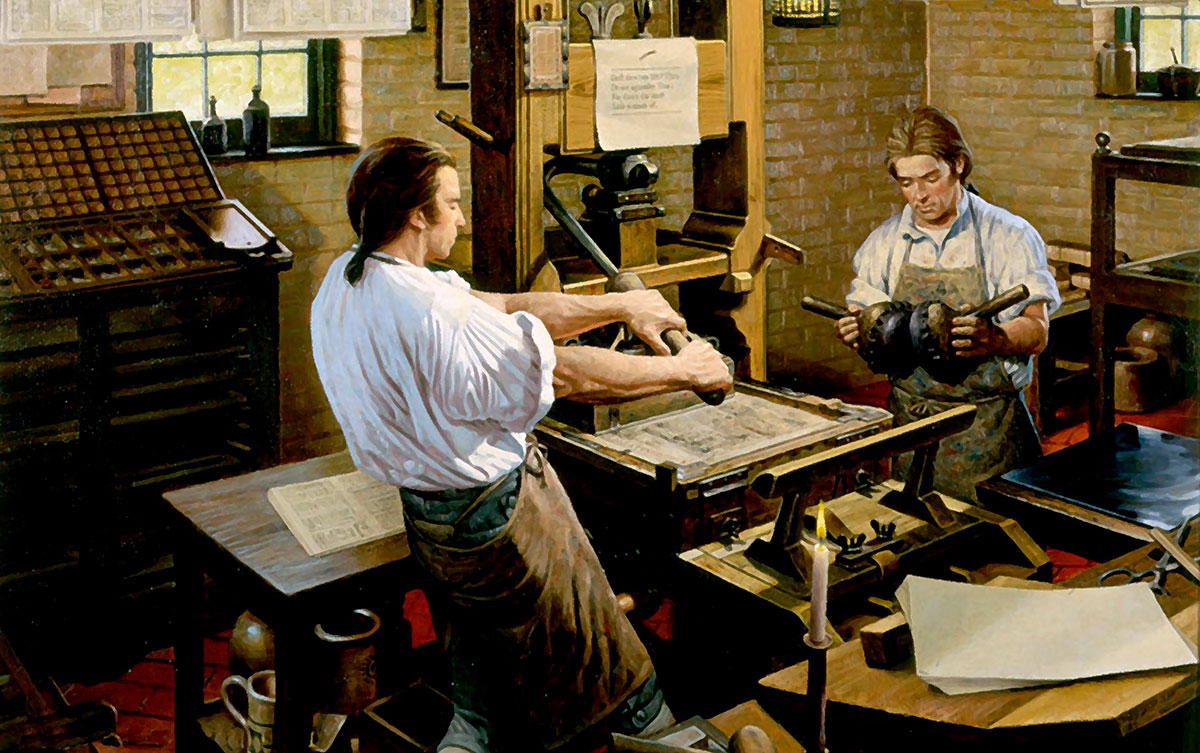 20_07_Imprimiendo-Robert-A.-Thom-1960-1-metro-ancho_WEB IMPRENTA COLONIAL - El tirador y el batidor en la prensa, Foto: Pintura de Robert Alan Thom (1915-1979). Fuente: American Gallery